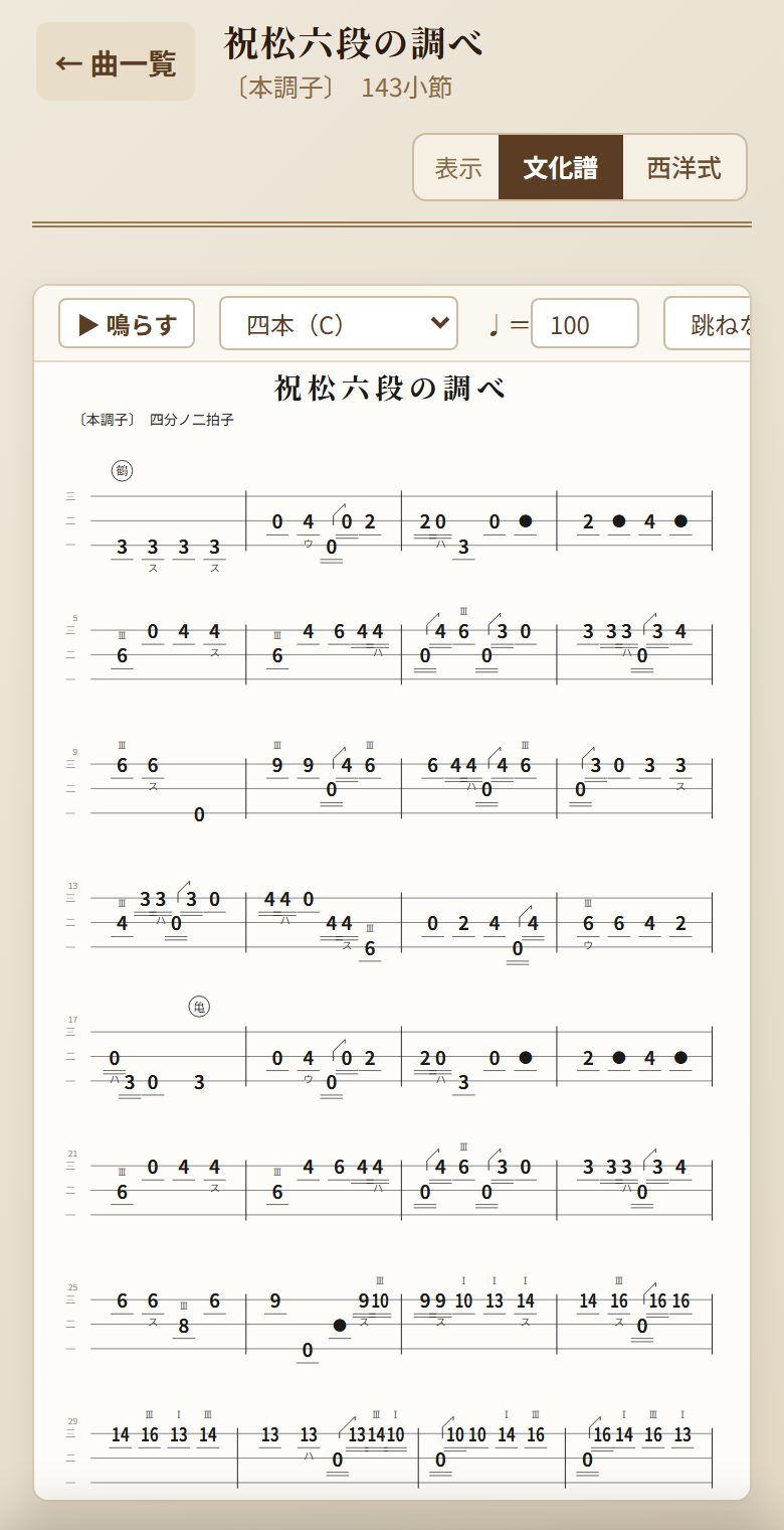 スマホの練習ページで「祝松六段の調べ」の譜面を開いたところ。上に鳴らすボタンと速さ